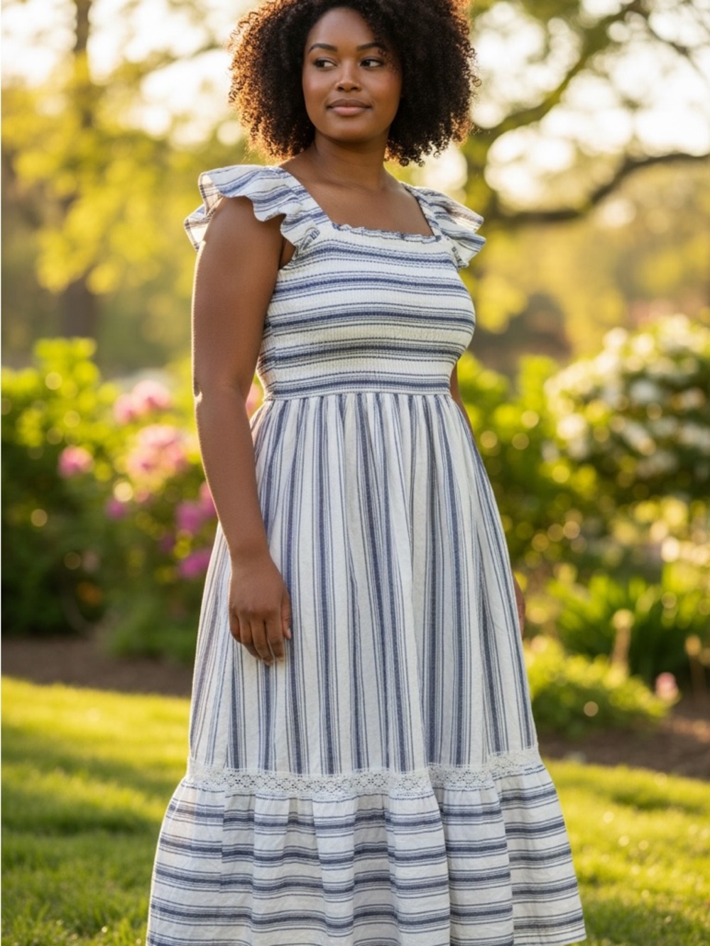 Speed Limit MPH Smocked Midi Dress Womens 3X Blue White Striped Cottagecore